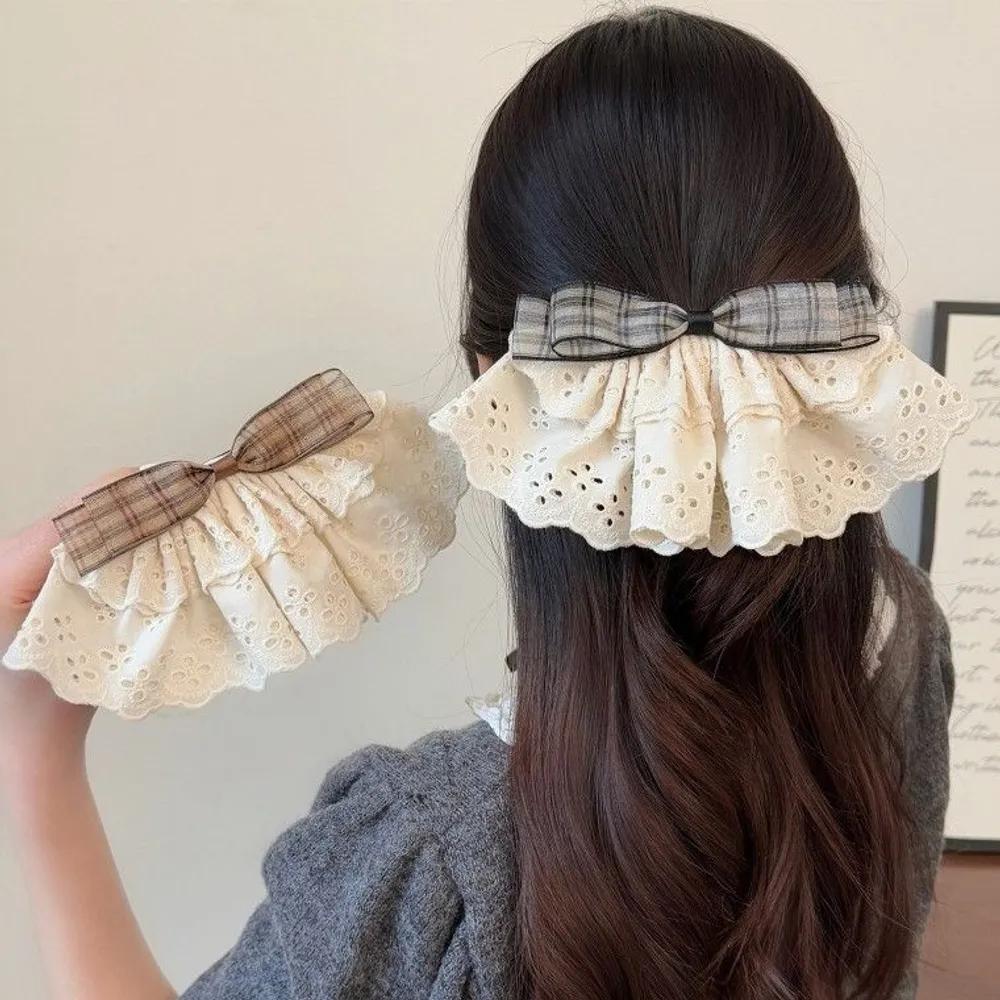 Lovely Punching Lace Check Ribbon Hairpin brown