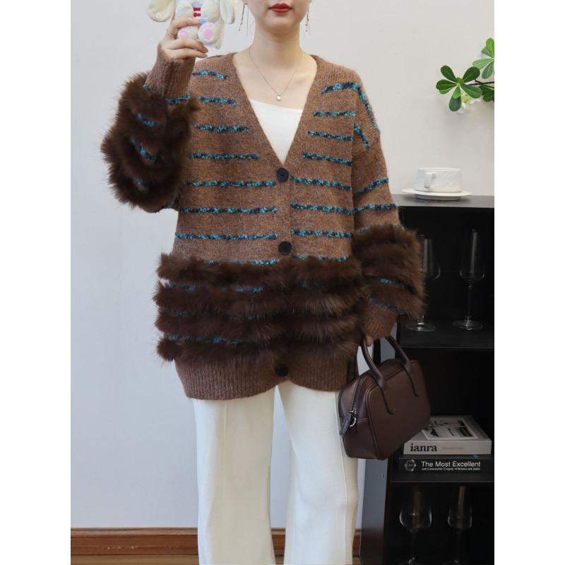 

Осень и зима новый полосатый пэчворк пух высококлассный свободный вязаный кардиган ленивый ветер свитер куртка женщины One size