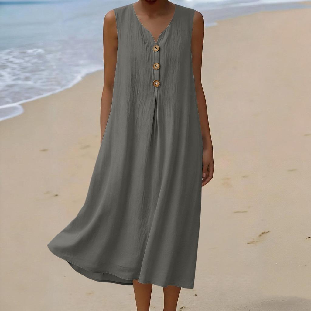 Damen Sommer Mode V-Ausschnitt Knopf Ärmellos Lässig Locker Urlaubs Küsten Kleid