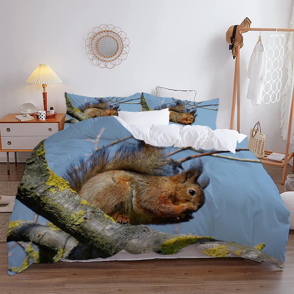 3D Squirrel King Queen Duvet Cover Lovely Animal Bedding Set For Kids Teens Adults Wildlife Green Leaves Soft 2/3pcs Quilt Cover