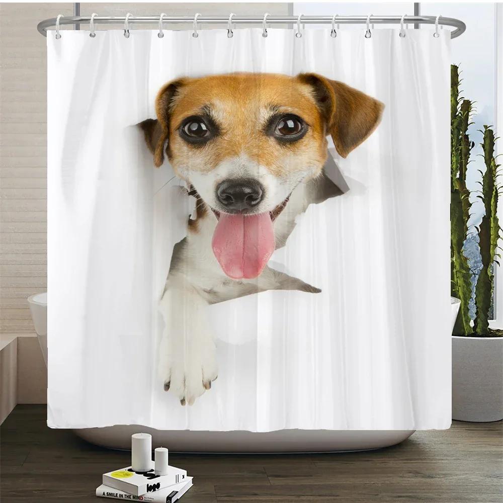 Funny Cute Cartoon Bathing Cat Dog Shower Curtains Bathroom Bathtub Decoration Waterproof Bath Curtain Home Decor With Hooks