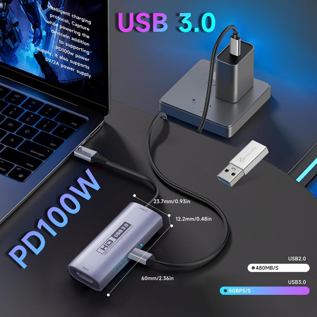 Guermok USB Video Capture Card PD 100W Fast Charging 1080P 60FPS HDMI To Capture Card Type C Capture Device for Live Game Streaming Black 3.0 USB-A/C