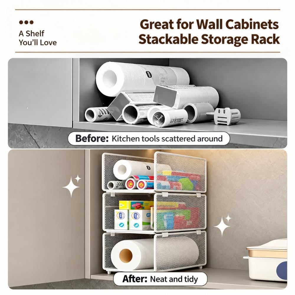 Stackable Kitchen Cabinet Organizer Rack, Iron Mesh Storage Shelf for Plastic Wrap, Paper Rolls and Boxed Supplies