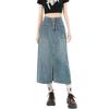 Women's High Waist A-Line Denim Midi Skirt with Slit and Pockets