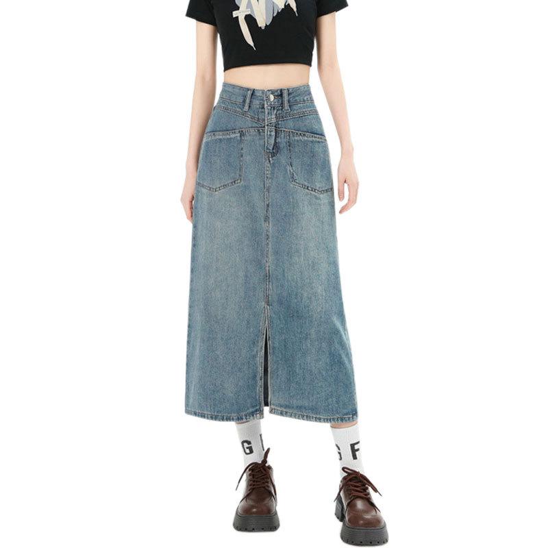 Women's High Waist A-Line Denim Midi Skirt with Slit and Pockets