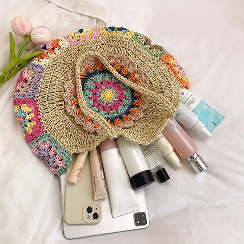 Kadın Moda Dokuma El Çantası Yuvarlak Hasır Dokuma Tote Çanta Tatil Omuz Çantası Büyük Kapasiteli Etnik Stil Seyahat Tatil için