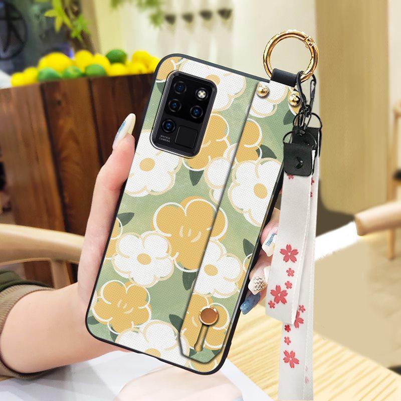 Waterproof Durable Phone Case For Oukitel C21 Wristband Wrist Strap Shockproof Silicone Kickstand Protective Ring Flower