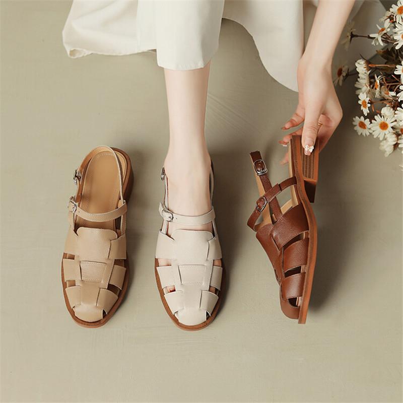 Fashion 2025 Summer Sandals Cowhide Round Toe Women Sandals Chunky Heel Women Shoes Cover Toe Shoes for Women Hollow Out Roman Shoes