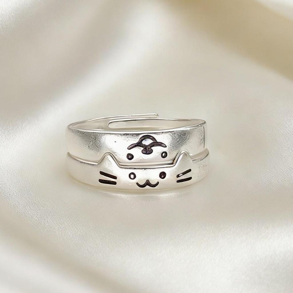 Sterling Silver Cat & Dog Couple Rings: Engravable, Light Luxury Design