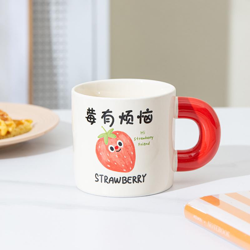 Cartoon Fruit Ceramic Mug, High-value Coffee Cup with Lid Spoon, Blessing Text, Gift Water Cup for Girls
