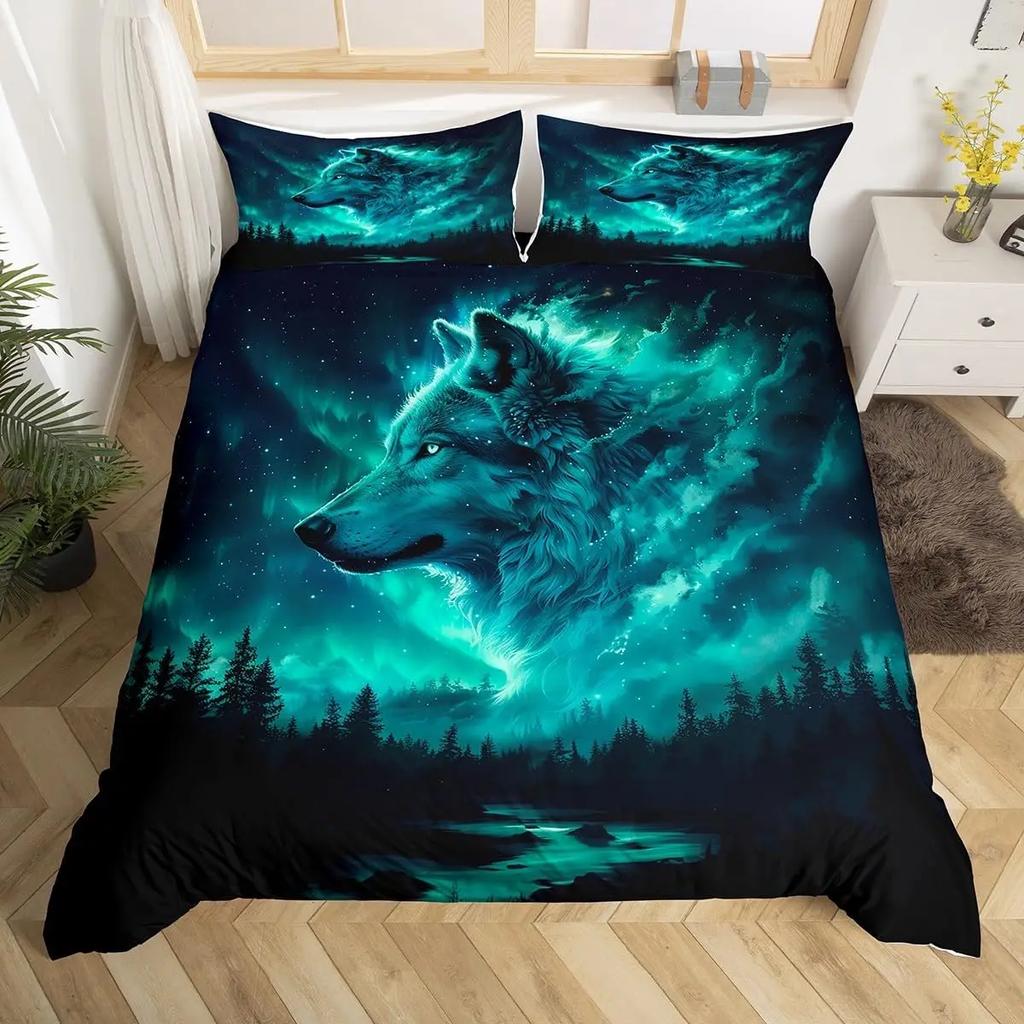Wolf Duvet Cover Twin King Size, Roaring Wolves Wildlife Bedding Set Aurora Animals Galaxy Print Comforter Cover for Kids Boys