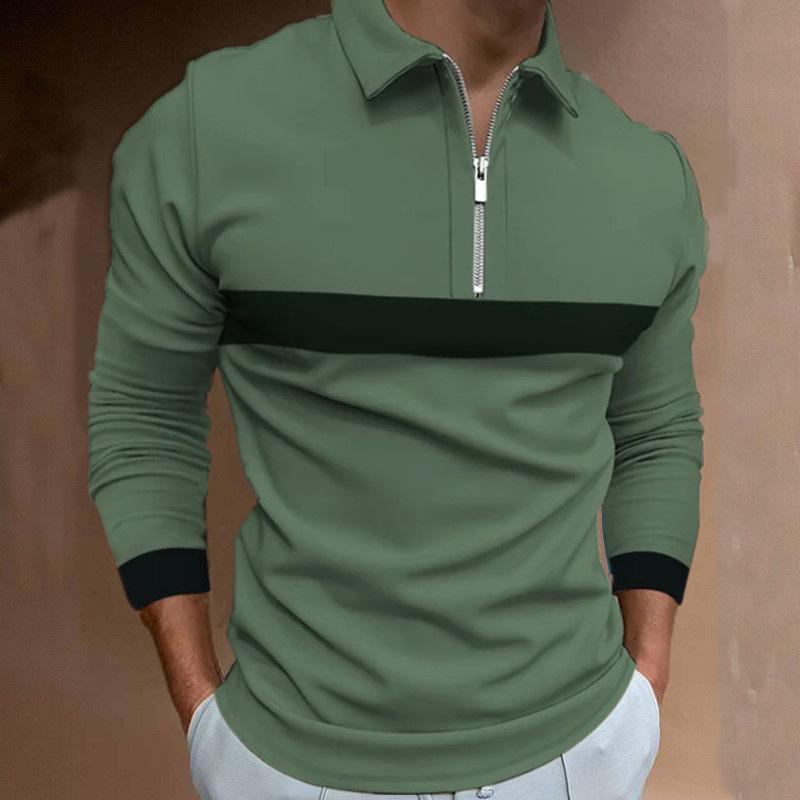 Men's Zip Patchwork Lapel T-Shirt Long Sleeve Polo Shirt Men's Long Sleeve Sweatshirt T-Shirt