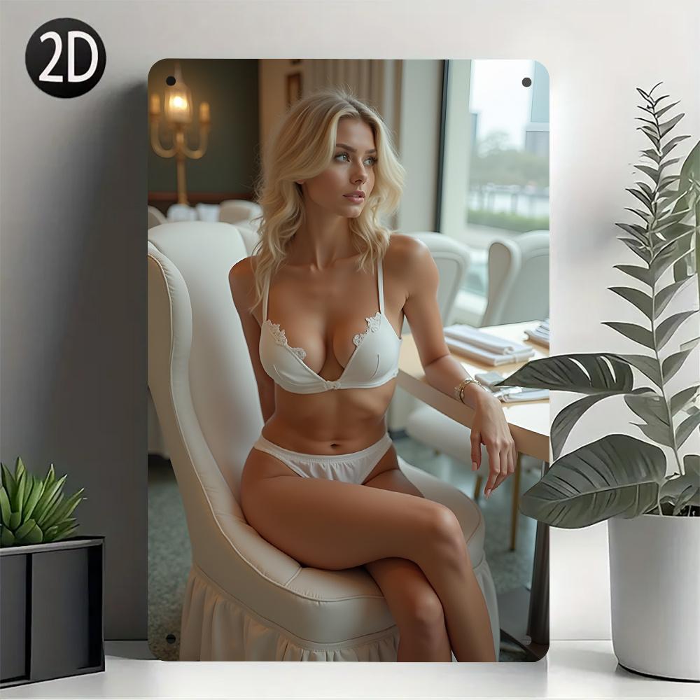HD Metal Tin Sign Elegant White Lace Lingerie Blonde PinUp Girl in Restaurant Metal Wall Art Decor 20x30cm（7.8x11.8inch）