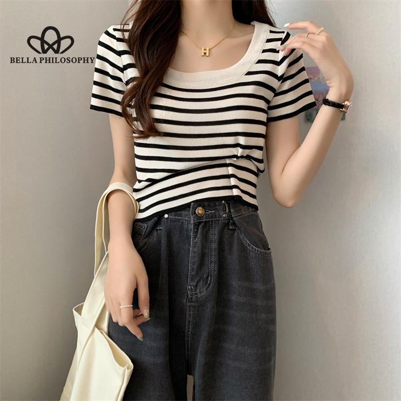 Summer New All-match Striped Square Collar Slim-fit Sweater Short-sleeved Women's Top Fashion Casual T-shirt