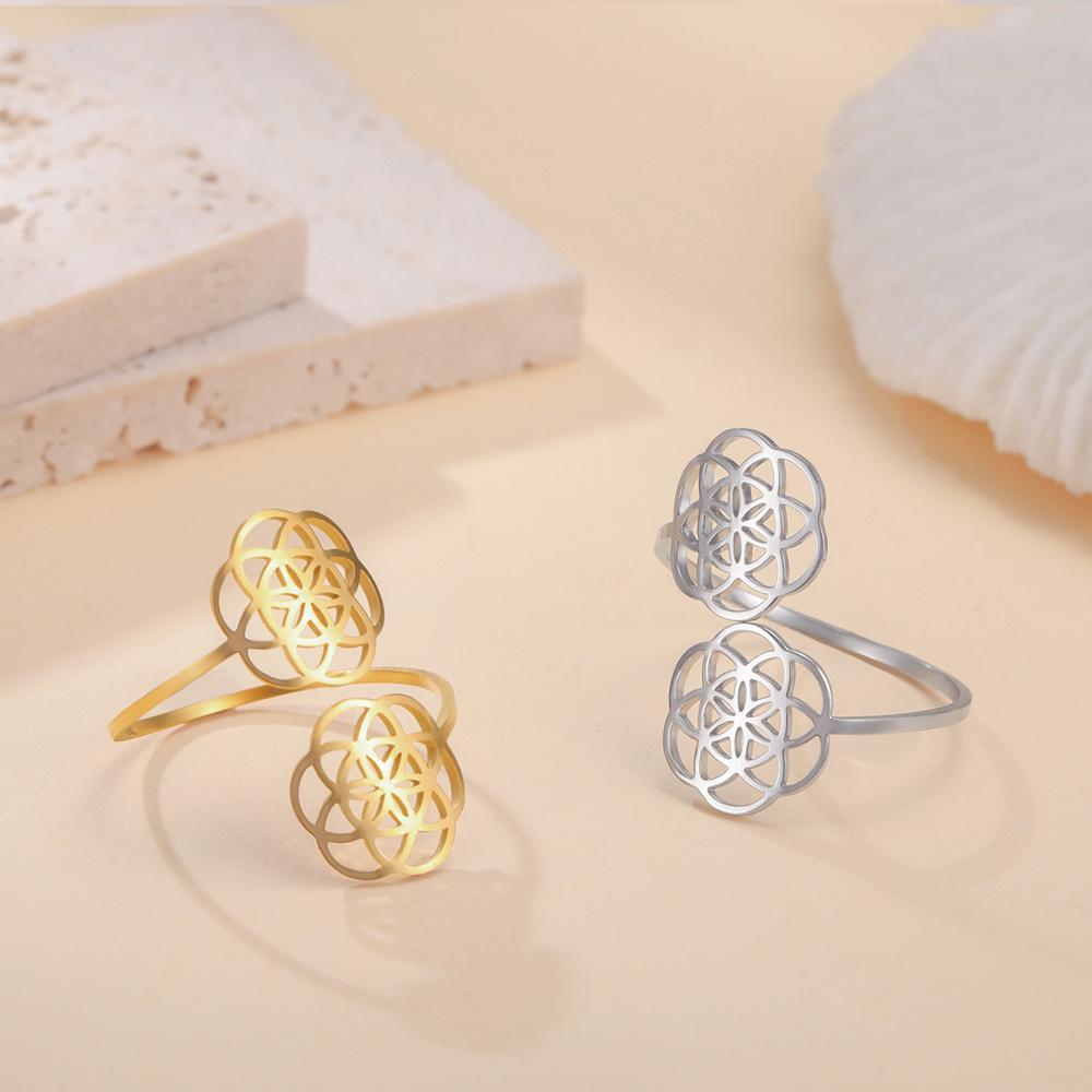 Dawapara Flower of Life Cutout Women Adjustable Ring Mandala Sacred Geometry Yoga Kabbalah Jewelry Stainless Steel