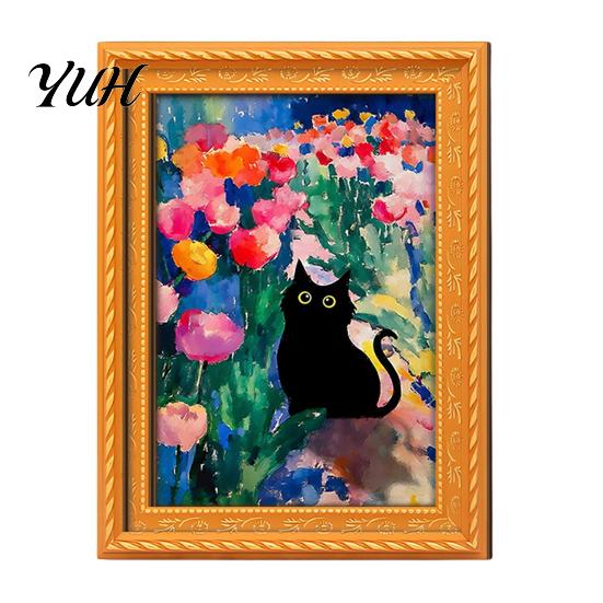 Metal Doors Decorative Magnets Oil Painting Cat Refrigerator Magnet, Wooden Frame Black Photo Theme Retro Rectangle Magnetic Decoration Fridge