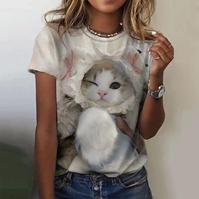 Salgssuksess dame-T-skjorter 3D-printet kjæledyrkatt sommer mote kortermet topp rund hals street wear Harajuku fritidstopp