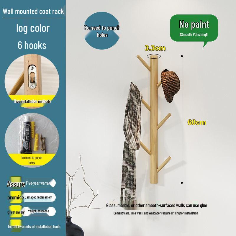 New Solid Wood Punch-Free Wall-Mounted Coat Rack & Clothes Hanger with Creative Behind-the-Door Hooks for Bedroom & Living Room