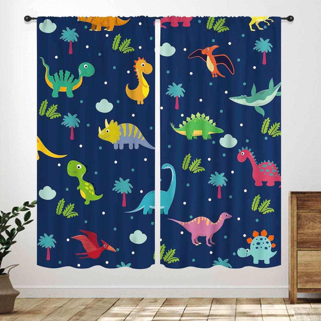 Boys Dinosaur Curtains,Cartoon Colorful Safari Animal Navy Blue Drapes Treatments For Boys Girls Children Nursery Living Room