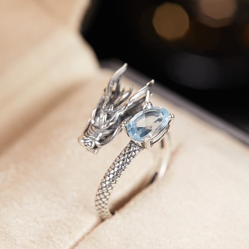 Drachenring S925 Sterling Silber Ring Herren- und Damenring Vintage Thailändisches Silber Offener Ring Nischen-Ohrringe