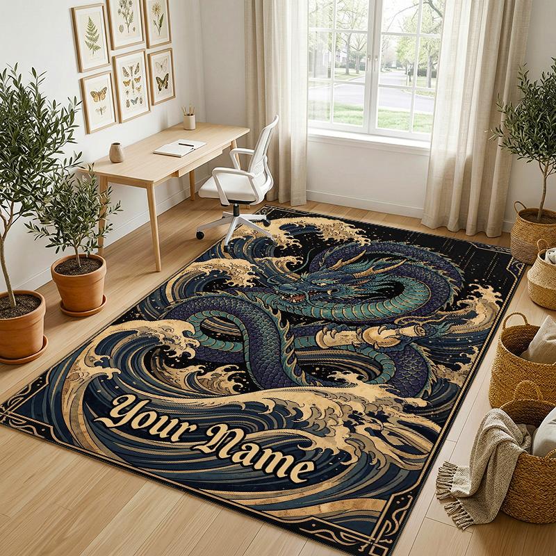 Dragon Phoenix Theme Crystal Velvet Rug Personalized Custom Name Text Soft Floor Mat Home Decor