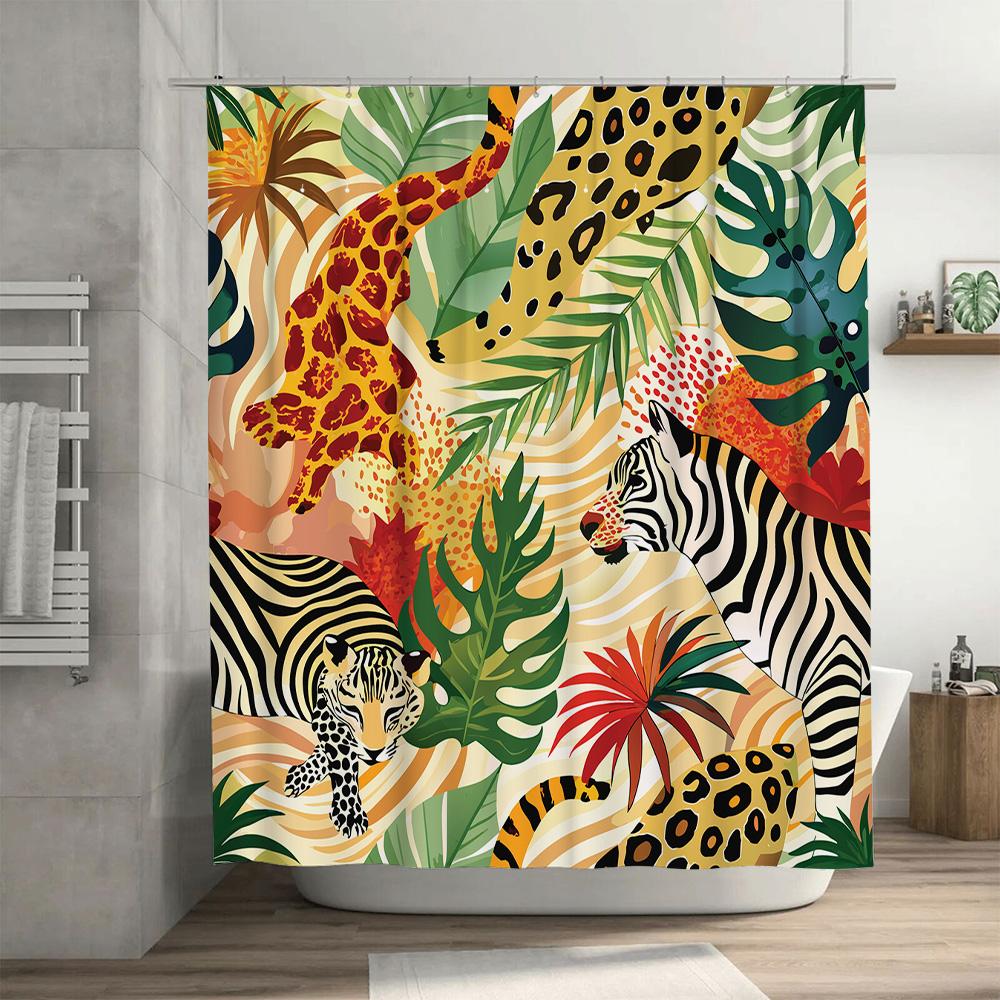 Animal Print Shower Curtain TROPICAL JUNGLE Wildlife Pattern Bath Rug Decoration Zebra Leopard Tiger Greenery Yellow Red Decorat