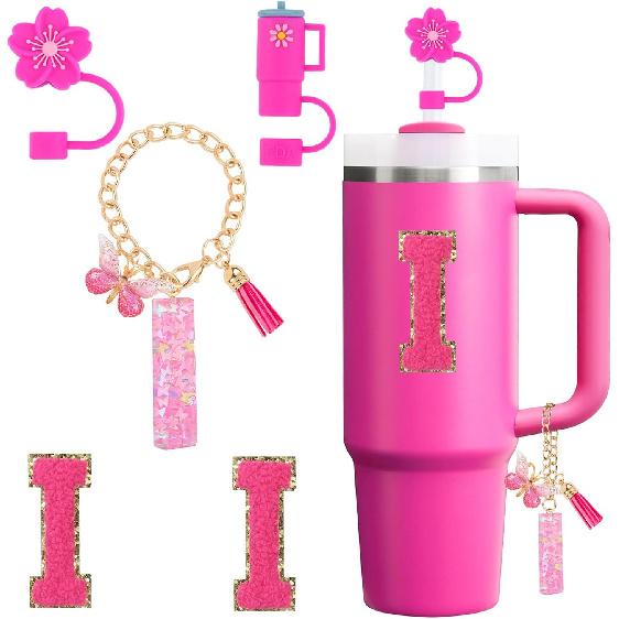 Cup Accessories Set for Stanley Cup 30oz 40oz tumbler with handle, Including Silicone Straw Topper Cover Cap, Handle Charm, Initials Sticker Fuchsia