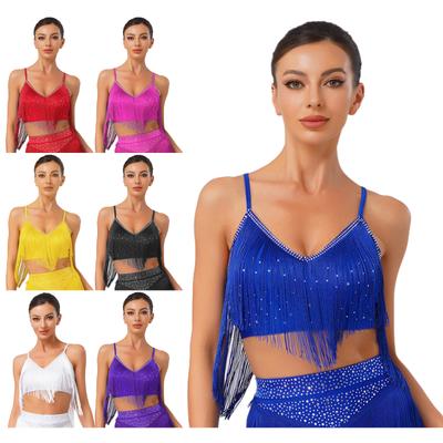 S-XXL Top de Salsa con Escote en V Sin Mangas Espalda Abierta Detalle de Flecos para Traje de Competición de Baile Latino