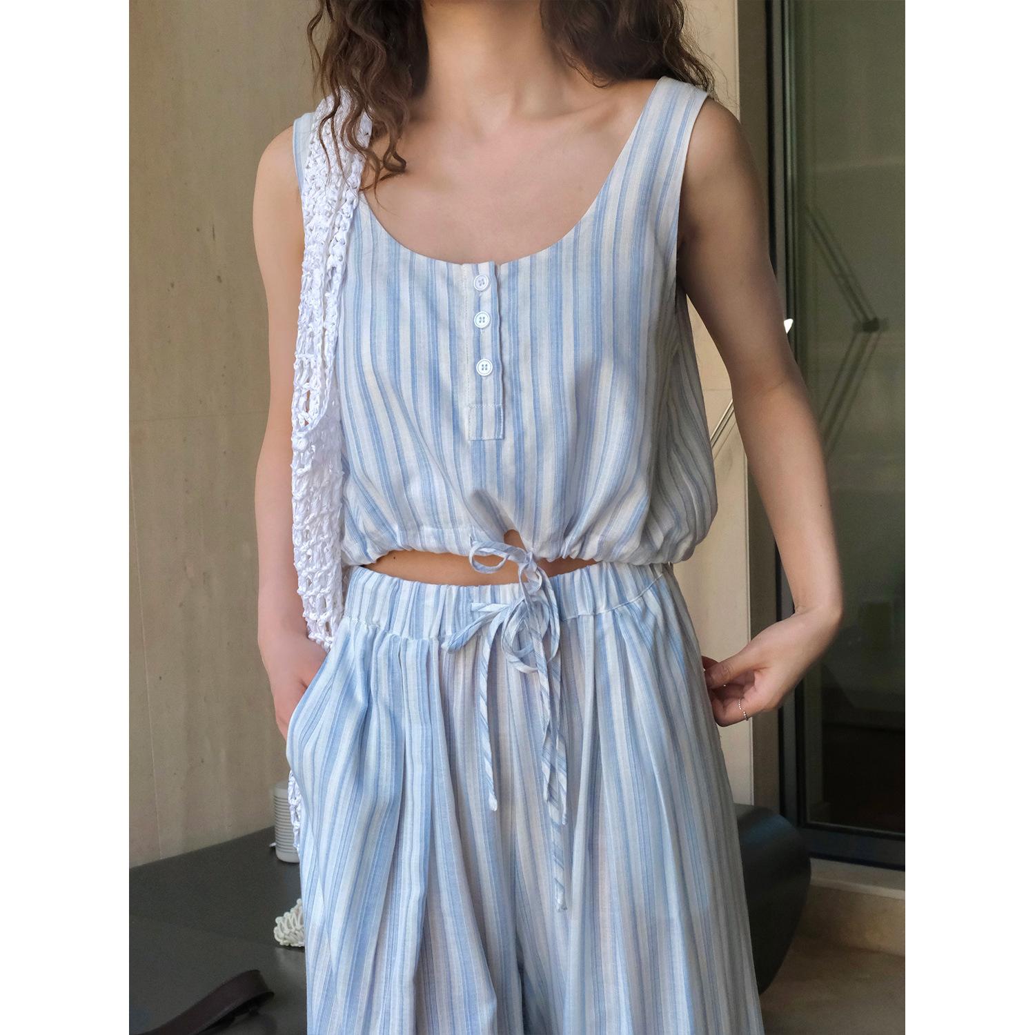 

Johnature Летние Корейская Версия Курортные Полосатые Майки Повседневные Простые Завязки на Шнурке Короткие Повседневные Топы Женские S синий