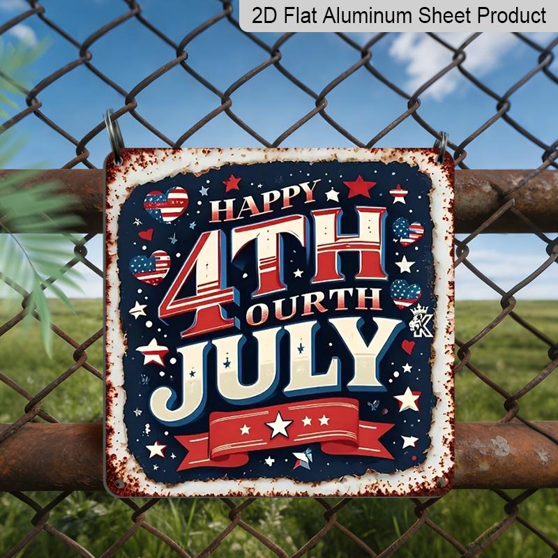 2D Flat, 1pc Vintage 4th of July Metal Wall Sign -Aluminum Patriotic Stars & Stripes Decoration with Happy 4th of July Lettering, Red White Blue