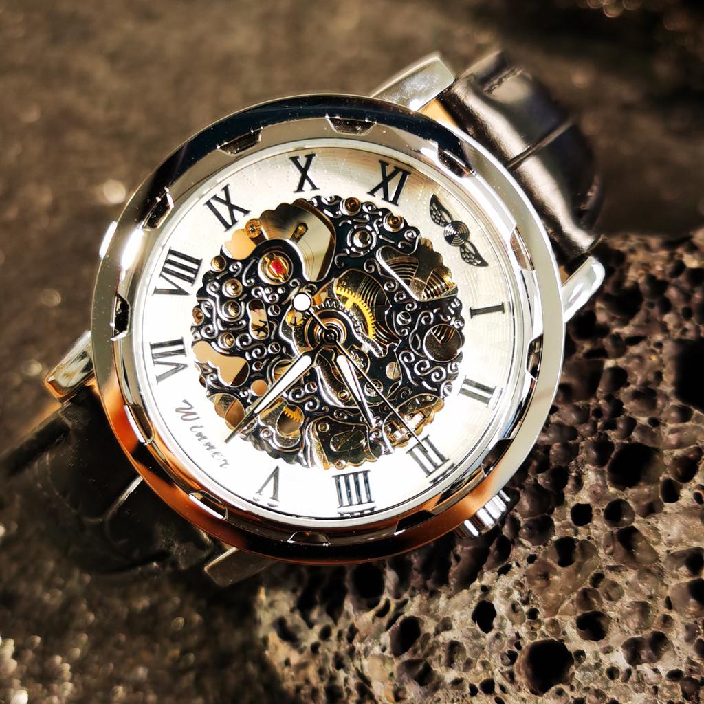 WINNER Business Mechanical Watch for Men Classic White Skeleton Hand Winding Watches Casual Leather Strap Retro Wristwatches