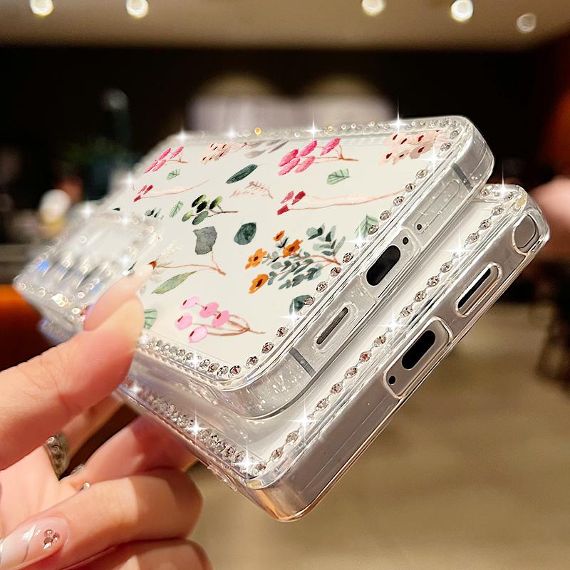 Floral Print Diamond Frame Phone Case For Samsung S25 Edge S24 FE S23 Ultra S22 A56 A36 A16 A15 A55 A35 Clear Shockproof Soft Silicone Cover