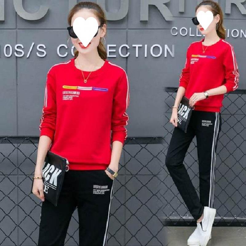 Spring and Autumn Korean-style Sportswear Printed Fashionable Casual Suit for Women, Long-sleeved Long Pants Two-piece Set
