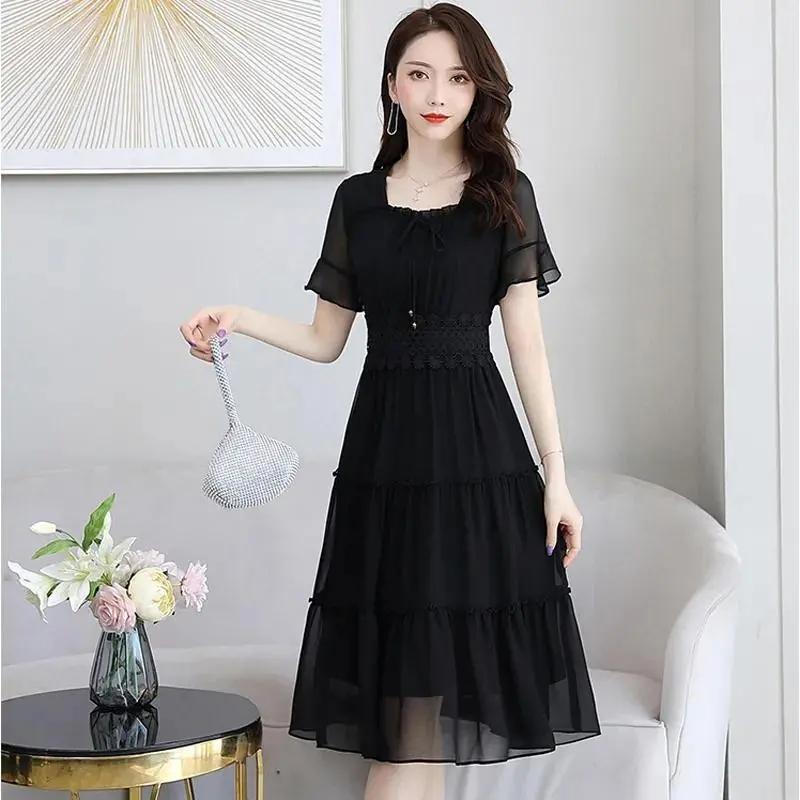 Chiffon Dress Women's Summer French Waisted Ladies Style Black Mid Length Dress Short Sleeve White Party Dress