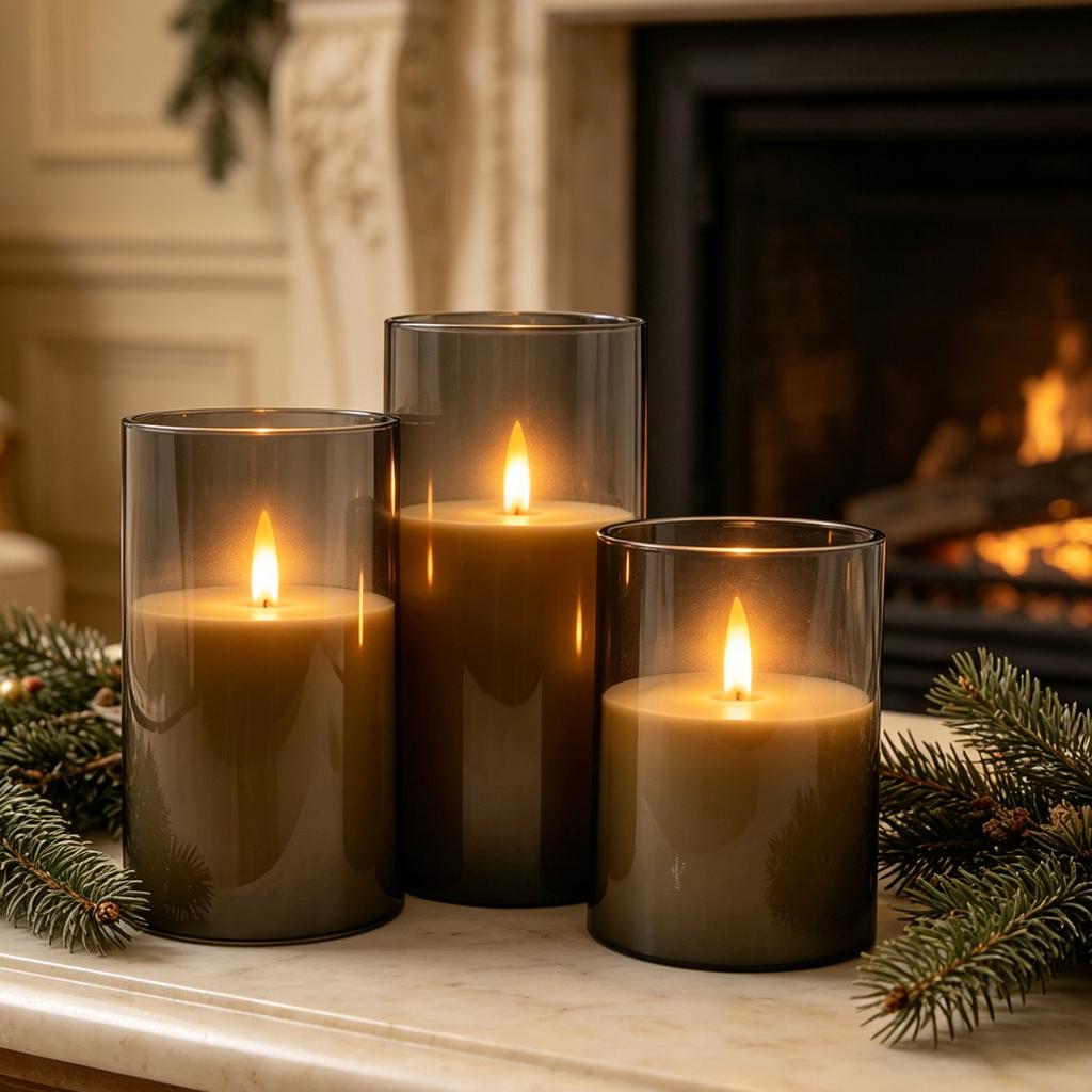 LED Pillar Candle Light Remote Control Fire-Free Acrylic Gray 3D Flame Home Halloween Christmas Easter New Year Decoration Soft