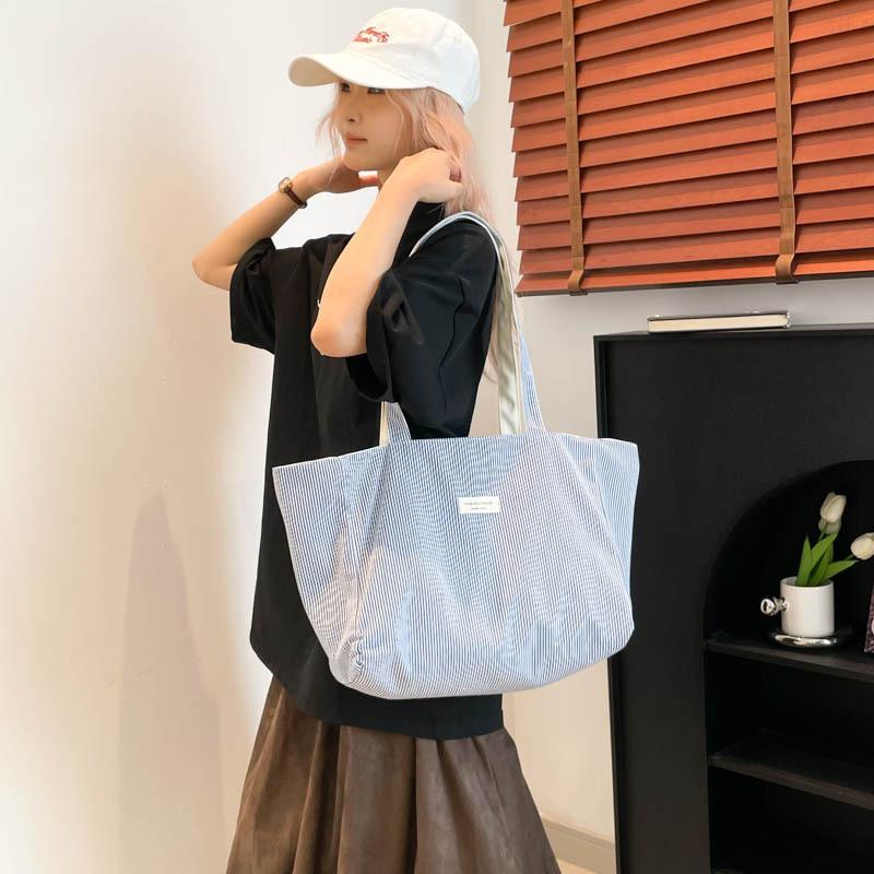 New Double-sided Shoulder Bag Large-capacity Tote Bag Literary Texture Embroidery Student Canvas Striped Commuter Bag
