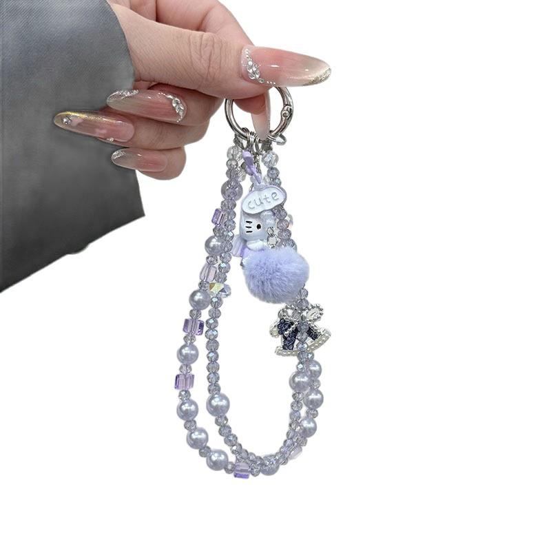 Light Luxury Temperament Purple Hairball Trojan Horse Beaded Mobile Phone Pendant Sweet and Cute Exquisite Kitty Cat Pendant Pendant