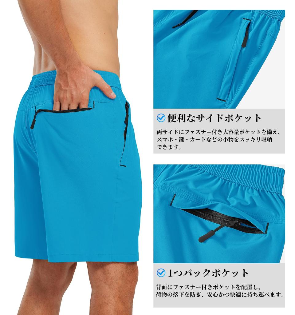 Gopune Men's Running Shorts Quick Dry Sweat Wicking Zipper Pockets Sports Gym Soccer Tennis Marathon Hiking Half Pants 01 Blue Size 2XL
