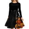 Women's Casual Vintage Halloween Dress Long Sleeve Round Neck A-Line Midi Dress with Bow Waistband and Pumpkin Print Skirt
