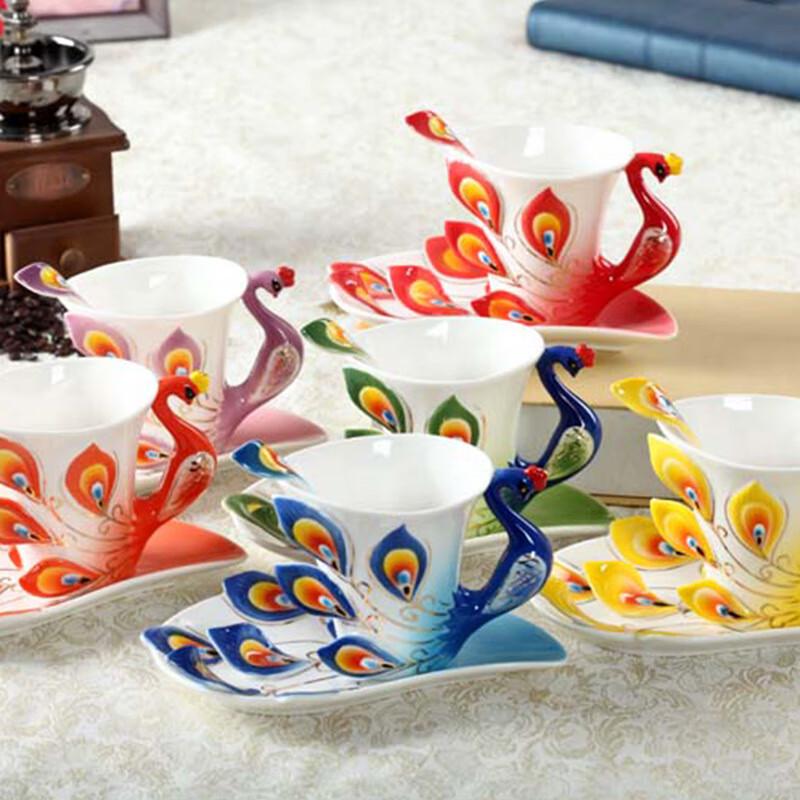 Shangqi Peacock Enamel Ceramic Coffee Cup Set