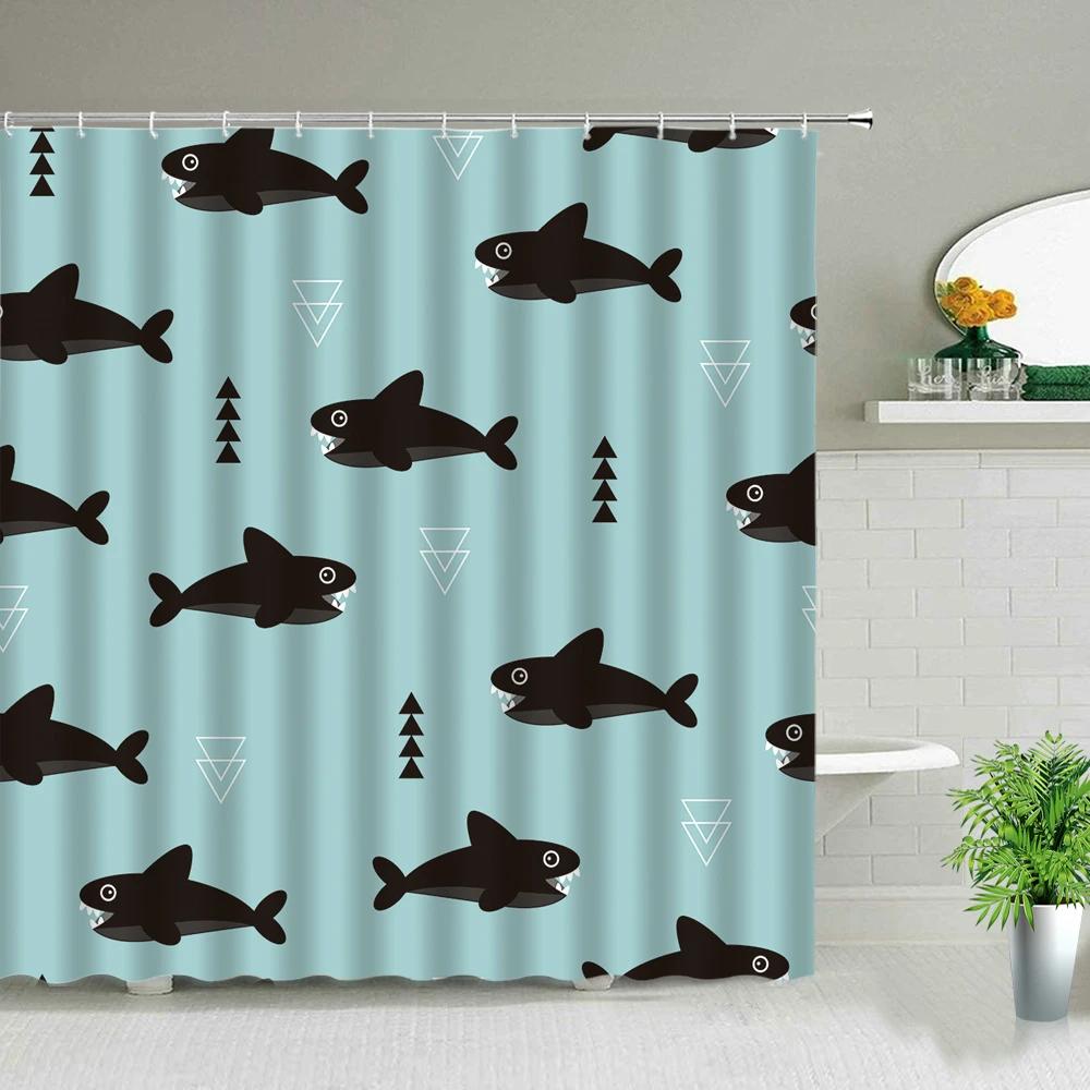 Cortinas de Chuveiro Peixe Tubarão Desenhos Coloridos Vida Marinha Banheiro Infantil Decoração de Casa Conjunto de Cortinas de Tecido Telas de Banho Impermeáveis
