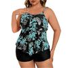 Women’s Plus Size Two Piece Tankini Swimsuit with Leaf Print Ruffled Layered Top and Adjustable Straps Swim Shorts Set