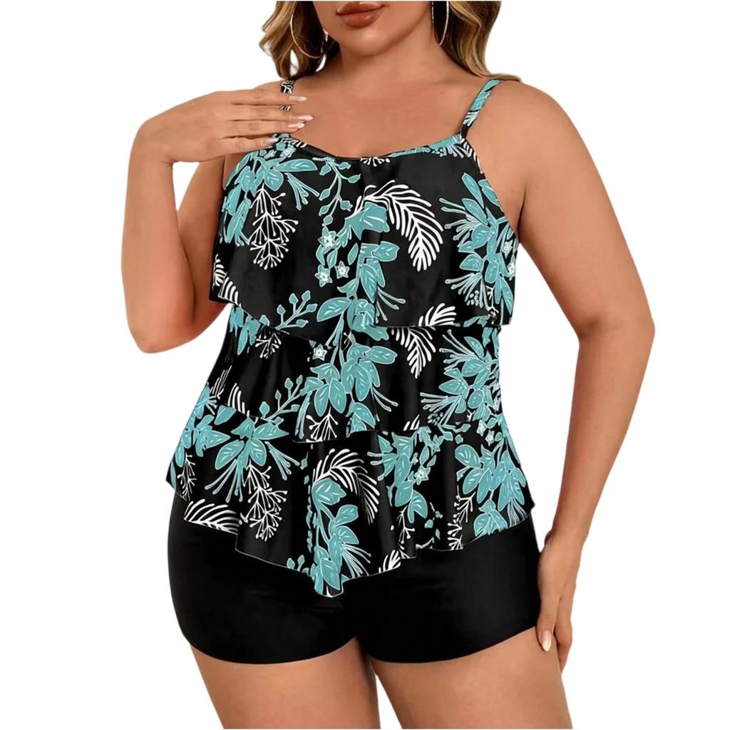 Women’s Plus Size Two Piece Tankini Swimsuit with Leaf Print Ruffled Layered Top and Adjustable Straps Swim Shorts Set