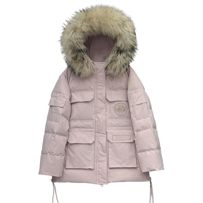 Denmark winter extreme cold down jacket women's thickened large fur collar pink tooling pie to overcome the new winter coat