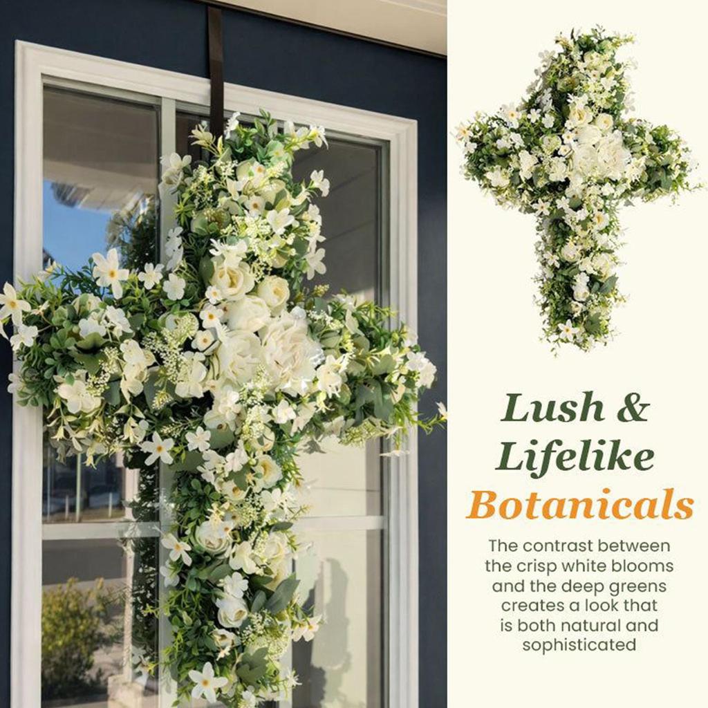 Easter Cross Wreaths for Front Door Faith-Based Artificial Spring Decoration Cross Front Door Wreath for Spring Outdoor Porch