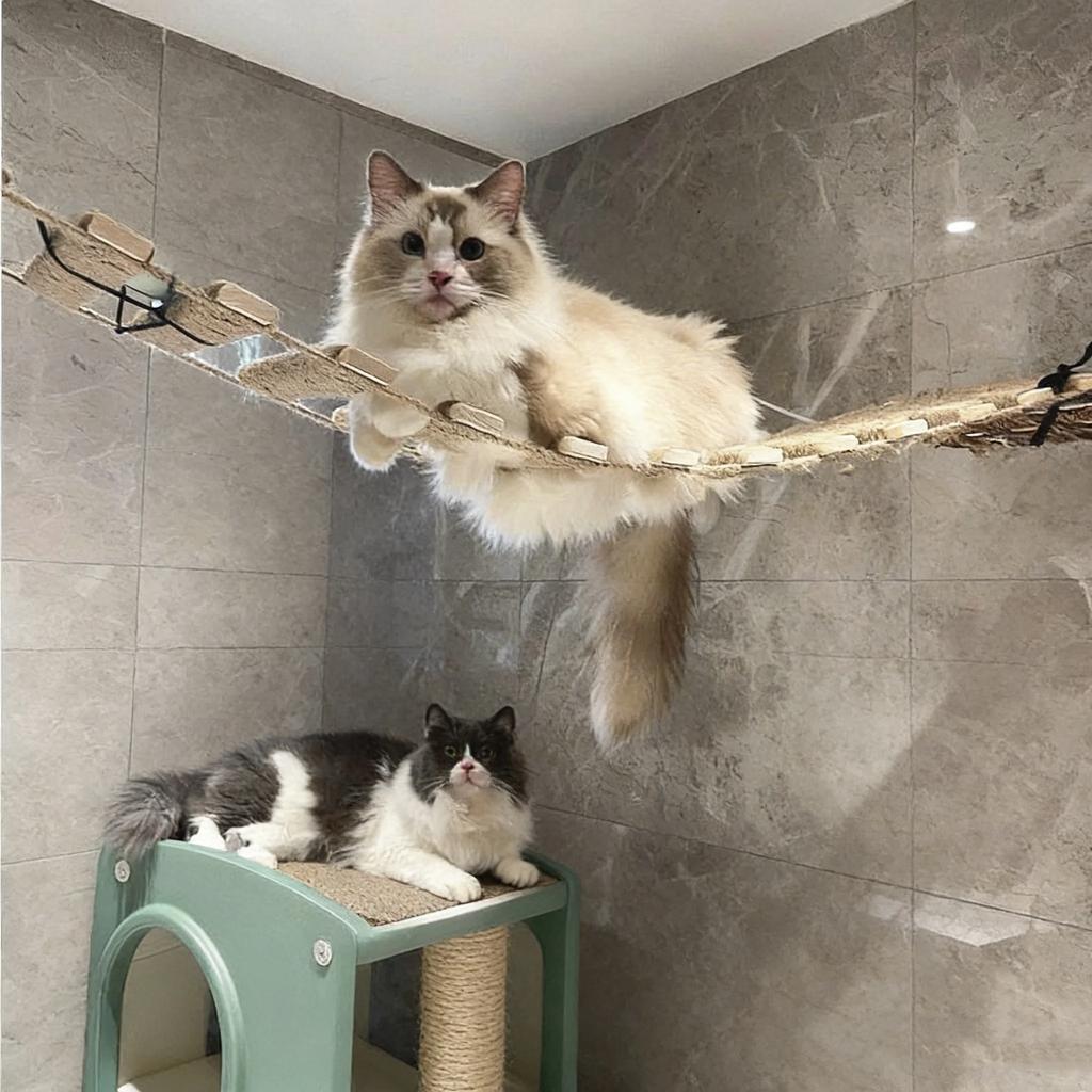 Wall Mounted Cat Activity Center Sisal Cat Climbing Ladder Wood Cat Bridge with Scratching Surface Wall Cat Furniture for Cats