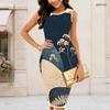 Women Plus Size Round Neck Sleeveless Printed Bodycon Midi Dress
