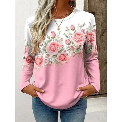 Damen T-Shirt Lässige Langarm Tops Blumen Grafik T-Shirts Hemdbluse Rundhals Herbst Winter Streetwear Stil Pullover