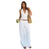 Spring Summer 100% Cotton 2 Piece Set Women Halter Neck Vest + Wide Leg Long Pants Outfit Casual Lace-up Matching Set
