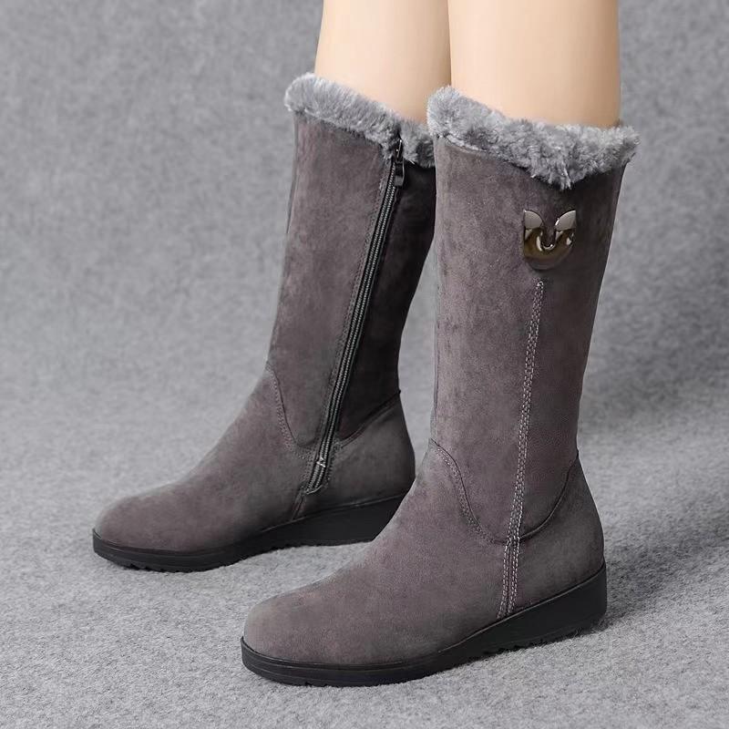 Winter Versatile Snow Boots Women's Shoes Padded Thickened Mid-calf Martin Boots Slope Heel Non-slip Warm Side Zipper Cotton Boots